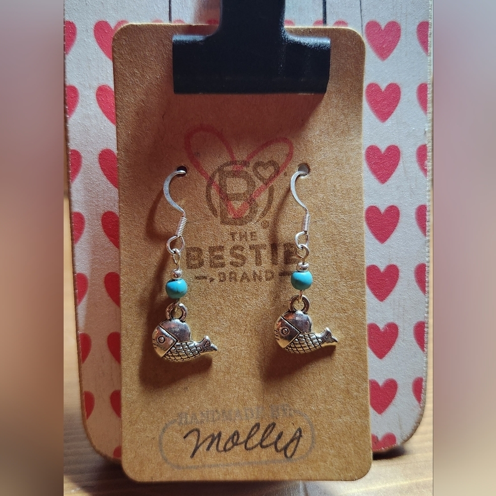 Handmade Silver in Color Turquiose Blue Beads Fish Charm Dangle Earrings